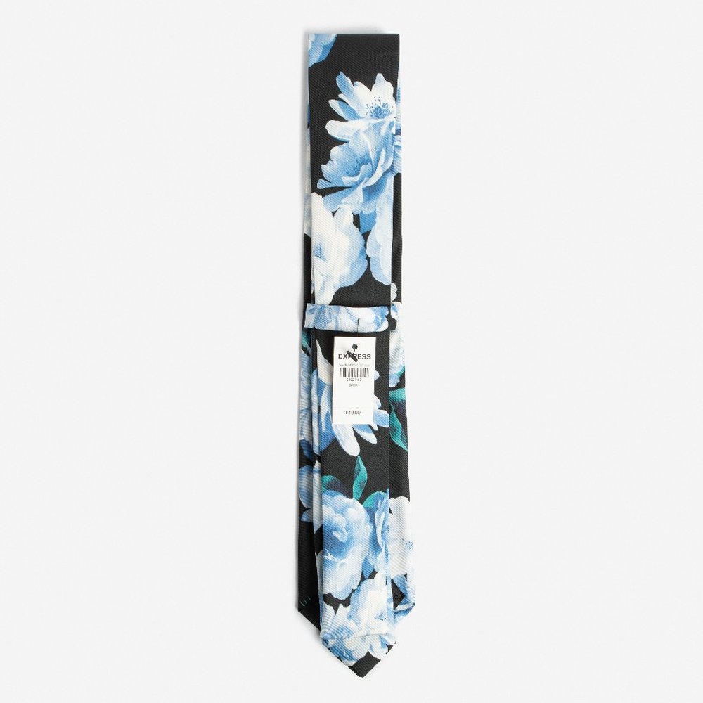 NEW! Blue Narrow Watercolor Floral Tie - Picture 3 of 4